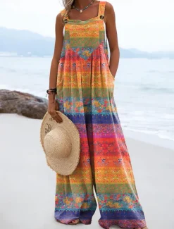 Women's Dungarees Active Floral Sleeveless Wide Leg Vacation Street Loose Fit Yellow Pink Red Summer