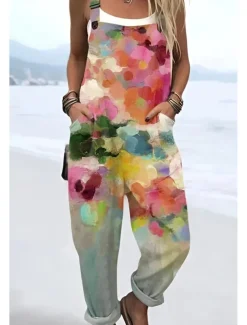 Women's Dungarees Active Floral Sleeveless Sleeveless Straight Square Neck Pocket with Pocket Vacation Daily Loose Fit Pink Purple Green Summer