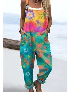 Women's Dungarees Active Floral Sleeveless Sleeveless Straight Square Neck Pocket with Pocket Vacation Daily Loose Fit Pink Purple Green Summer