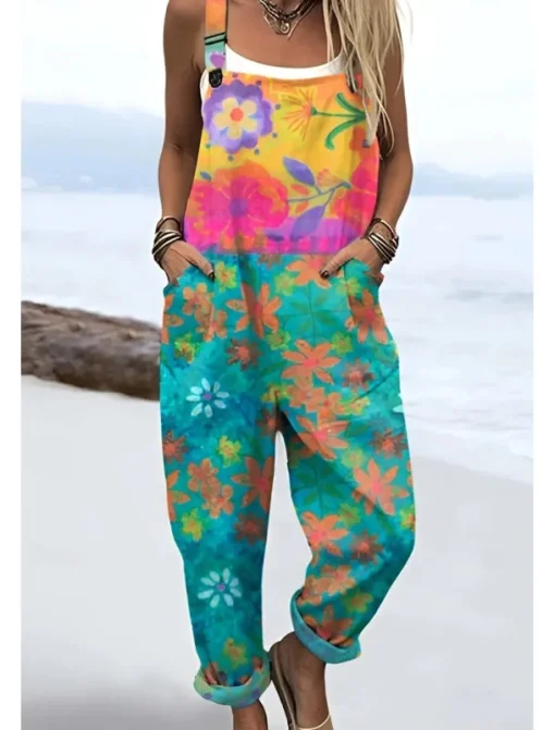 Women's Dungarees Active Floral Sleeveless Sleeveless Straight Square Neck Pocket with Pocket Vacation Daily Loose Fit Pink Purple Green Summer