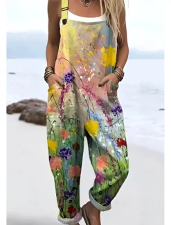 Women's Dungarees Active Floral Sleeveless Sleeveless Straight Square Neck Pocket with Pocket Vacation Daily Loose Fit Pink Purple Green Summer
