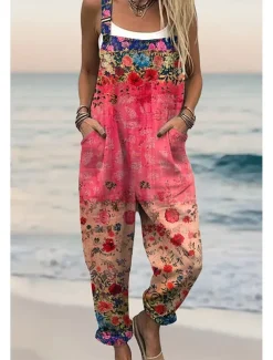 Women's Dungarees Active Floral Sleeveless Sleeveless Straight Square Neck Pocket with Pocket Vacation Daily Loose Fit Pink Red Green Summer