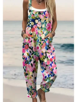 Women's Dungarees Active Floral Sleeveless Sleeveless Straight Square Neck Pocket with Pocket Vacation Daily Loose Fit Pink Red Green Summer
