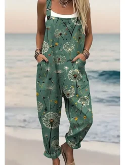 Women's Dungarees Active Floral Sleeveless Sleeveless Straight Square Neck Pocket with Pocket Vacation Daily Loose Fit Pink Red Green Summer