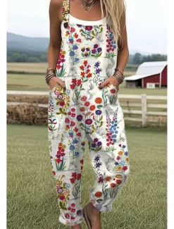 Women's Dungarees Active Floral Sleeveless Sleeveless Straight Square Neck Pocket with Pocket Vacation Daily Loose Fit White Pink Purple Summer