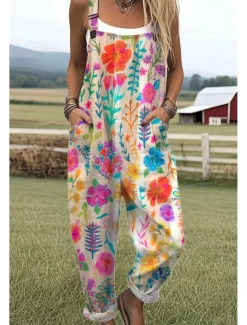 Women's Dungarees Active Floral Sleeveless Sleeveless Straight Square Neck Pocket with Pocket Vacation Daily Loose Fit White Pink Purple Summer