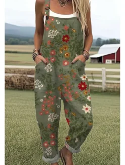 Women's Dungarees Active Floral Sleeveless Sleeveless Straight Square Neck Pocket with Pocket Vacation Daily Loose Fit White Pink Purple Summer