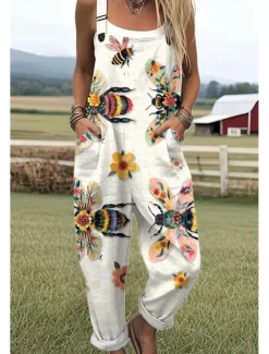 Women's Dungarees Active Floral Sleeveless Sleeveless Straight Square Neck Pocket with Pocket Vacation Daily Loose Fit White Pink Purple Summer