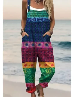 Women's Dungarees Active Floral Sleeveless Sleeveless Harem Square Neck Pocket with Pocket Vacation Daily Loose Fit Yellow Pink Blue Summer