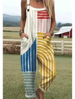 Women's Dungarees Active Graphic Sleeveless Sleeveless Straight Square Neck Pocket Vacation Daily Loose Fit White Blue Green Summer