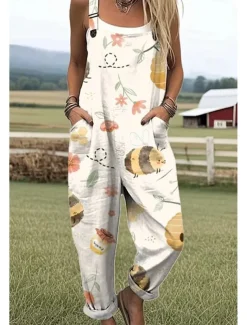 Women's Dungarees Active Graphic Sleeveless Sleeveless Straight Square Neck Pocket Vacation Daily Loose Fit White Blue Green Summer