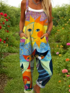 Women's Dungarees Active Graphic Sleeveless Wide Leg Print Vacation Street Loose Fit Yellow Red Blue Summer