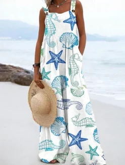 Women's Dungarees Active Graphic Sleeveless Wide Leg Vacation Street Loose Fit White Blue Green Summer