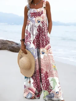 Women's Dungarees Active Graphic Sleeveless Wide Leg Vacation Street Loose Fit Pink Red Blue Summer