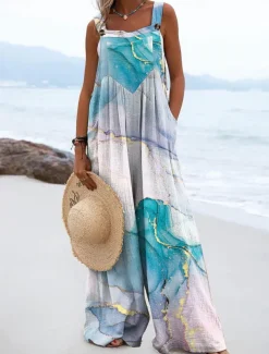 Women's Dungarees Active Graphic Sleeveless Wide Leg Vacation Street Loose Fit Pink Red Blue Summer