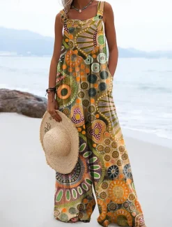 Women's Dungarees Active Graphic Sleeveless Wide Leg Vacation Street Loose Fit Pink Red Blue Summer