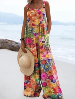 Women's Dungarees Active Graphic Sleeveless Wide Leg Vacation Street Loose Fit Pink Red Blue Summer