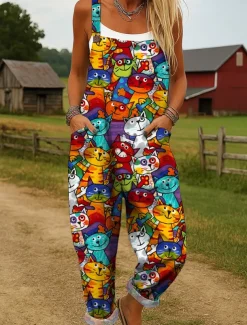 Women's Dungarees Active Graphic Sleeveless Wide Leg Print Vacation Street Loose Fit Yellow Red Blue Summer