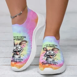 Women's Easter Bunny Tie-Dye Slip-On Sneakers - Lightweight Flyknit Athletic Shoes, Perfect for Casual Wear and Holiday Fun