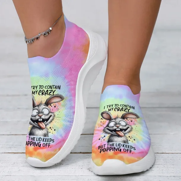 Women's Easter Bunny Tie-Dye Slip-On Sneakers - Lightweight Flyknit Athletic Shoes, Perfect for Casual Wear and Holiday Fun