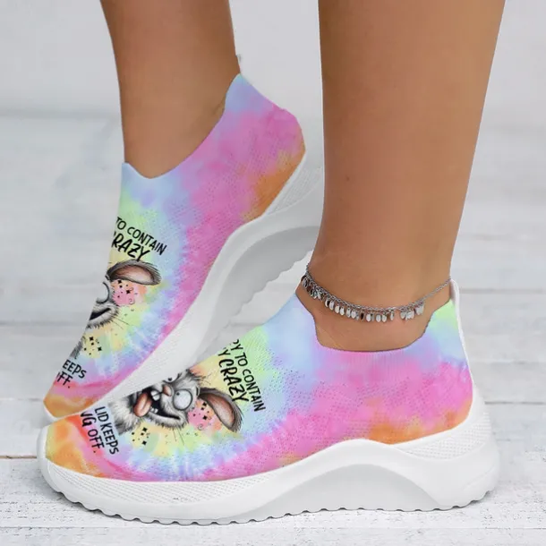 Women's Easter Bunny Tie-Dye Slip-On Sneakers - Lightweight Flyknit Athletic Shoes, Perfect for Casual Wear and Holiday Fun