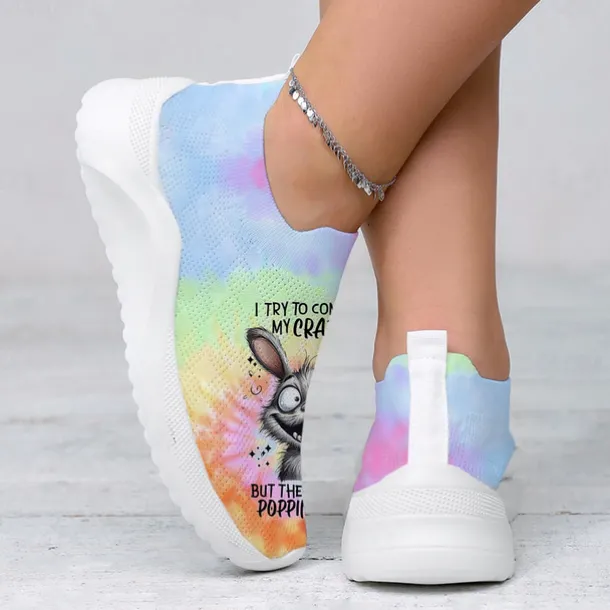 Women's Easter Bunny Tie-Dye Slip-On Sneakers - Lightweight Flyknit Athletic Shoes, Perfect for Casual Wear and Holiday Fun
