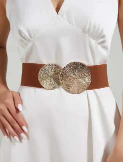 Women's Elastic Waist Belt with Gold Circle Buckle - Fashionable Wide Stretch Belt for Dresses, Casual and Formal Occasions