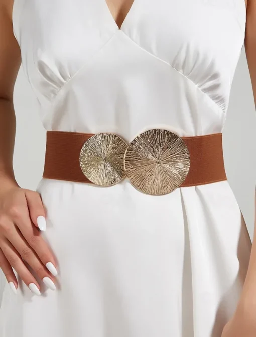 Women's Elastic Waist Belt with Gold Circle Buckle - Fashionable Wide Stretch Belt for Dresses, Casual and Formal Occasions