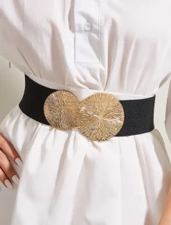 Women's Elastic Waist Belt with Gold Circle Buckle - Fashionable Wide Stretch Belt for Dresses, Casual and Formal Occasions