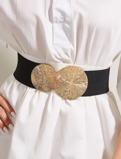 Women's Elastic Waist Belt with Gold Circle Buckle - Fashionable Wide Stretch Belt for Dresses, Casual and Formal Occasions