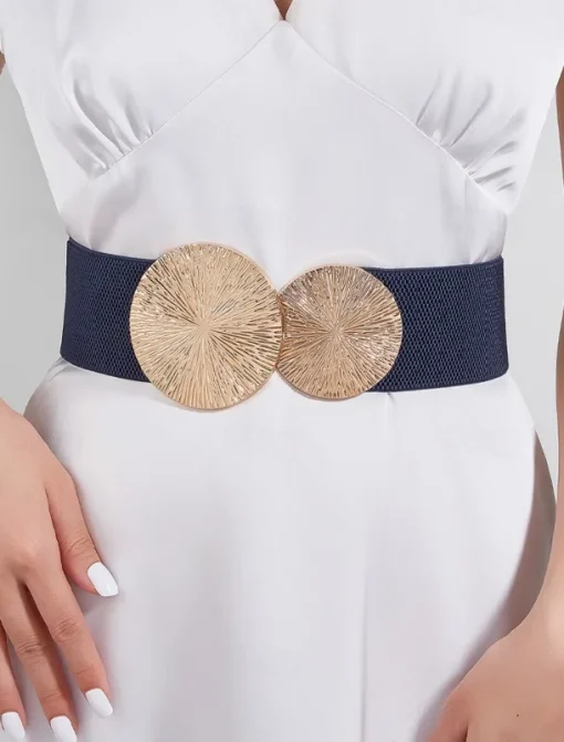 Women's Elastic Waist Belt with Gold Circle Buckle - Fashionable Wide Stretch Belt for Dresses, Casual and Formal Occasions