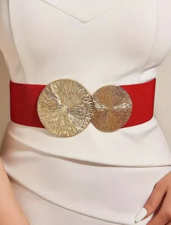 Women's Elastic Waist Belt with Gold Circle Buckle - Fashionable Wide Stretch Belt for Dresses, Casual and Formal Occasions