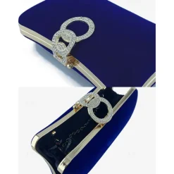 Women's Elegant Blue Velvet Clutch Bag with Rhinestone Ring Handle - Perfect Evening Bag for Weddings, Parties, and Formal Events