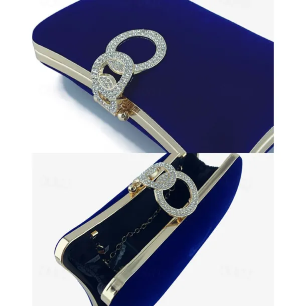 Women's Elegant Blue Velvet Clutch Bag with Rhinestone Ring Handle - Perfect Evening Bag for Weddings, Parties, and Formal Events