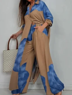 Women's Elegant Bohemia Vacation Shirt Pants Sets Long Sleeve Shirt Collar Graphic Patchwork Outdoor Vacation Party claret Navy Blue Summer Loose Fit