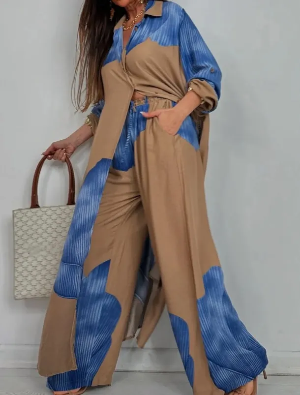 Women's Elegant Bohemia Vacation Shirt Pants Sets Long Sleeve Shirt Collar Graphic Patchwork Outdoor Vacation Party claret Navy Blue Summer Loose Fit