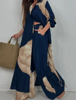 Women's Elegant Bohemia Vacation Shirt Pants Sets Long Sleeve Shirt Collar Graphic Patchwork Outdoor Vacation Party claret Navy Blue Summer Loose Fit