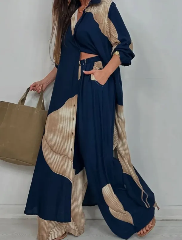 Women's Elegant Bohemia Vacation Shirt Pants Sets Long Sleeve Shirt Collar Graphic Patchwork Outdoor Vacation Party claret Navy Blue Summer Loose Fit