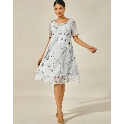 Women's Elegant Chiffon Dress Floral Mesh Print Crew Neck Midi Dress Daily Vacation Short Sleeve Summer Spring