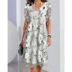 Women's Elegant Chiffon Dress Floral Mesh Print Crew Neck Midi Dress Daily Vacation Short Sleeve Summer Spring