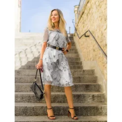 Women's Elegant Chiffon Dress Floral Mesh Print Crew Neck Midi Dress Daily Vacation Short Sleeve Summer Spring