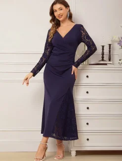 Women's Elegant Dress Maxi Dress Ruched Patchwork Formal V Neck Long Sleeve Navy Blue Color