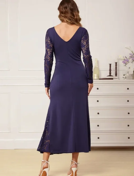 Women's Elegant Dress Maxi Dress Ruched Patchwork Formal V Neck Long Sleeve Navy Blue Color