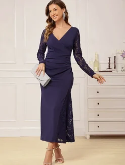 Women's Elegant Dress Maxi Dress Ruched Patchwork Formal V Neck Long Sleeve Navy Blue Color