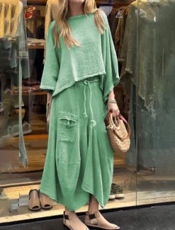 Women's Elegant Fashion Basic Pants Sets Long Sleeve Round Neck Solid Color Outdoor Work Casual Black White Yellow Summer Regular Fit