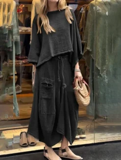 Women's Elegant Fashion Basic Pants Sets Long Sleeve Round Neck Solid Color Outdoor Work Casual Black White Yellow Summer Regular Fit