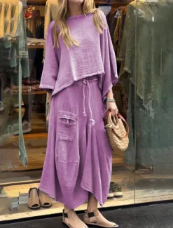 Women's Elegant Fashion Basic Pants Sets Long Sleeve Round Neck Solid Color Outdoor Work Casual Black White Yellow Summer Regular Fit