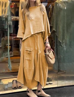 Women's Elegant Fashion Basic Pants Sets Long Sleeve Round Neck Solid Color Outdoor Work Casual Black White Yellow Summer Regular Fit