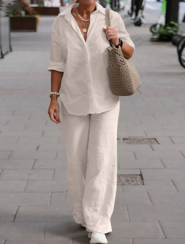 Women's Elegant Fashion Basic Shirt Cotton Linen Sets Two Piece Sets Pants Trousers Long Sleeve Shirt Collar Solid Color Casual Daily Pink Dark Navy Blue Fall & Winter Regular Fit