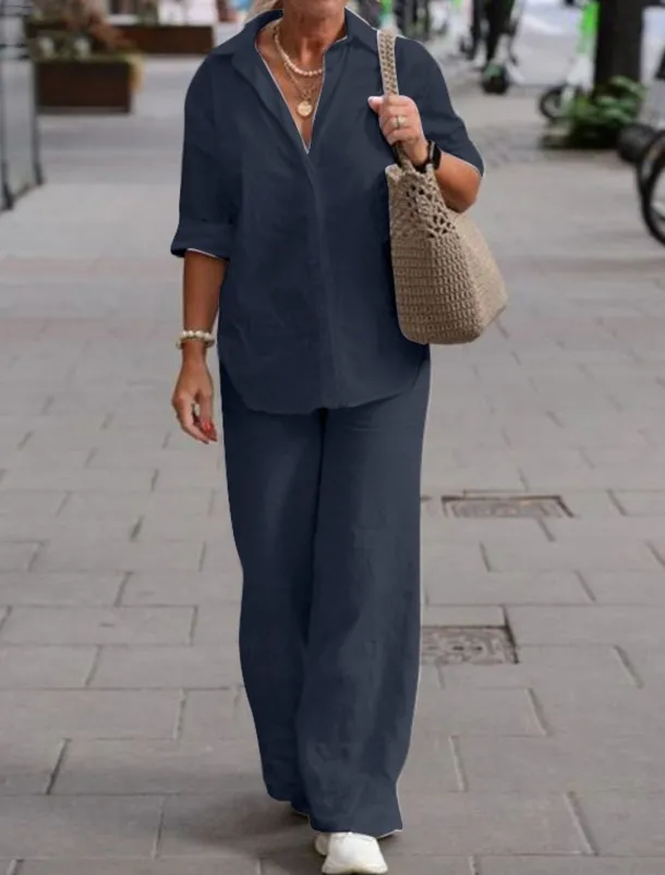 Women's Elegant Fashion Basic Shirt Cotton Linen Sets Two Piece Sets Pants Trousers Long Sleeve Shirt Collar Solid Color Casual Daily Pink Dark Navy Blue Fall & Winter Regular Fit